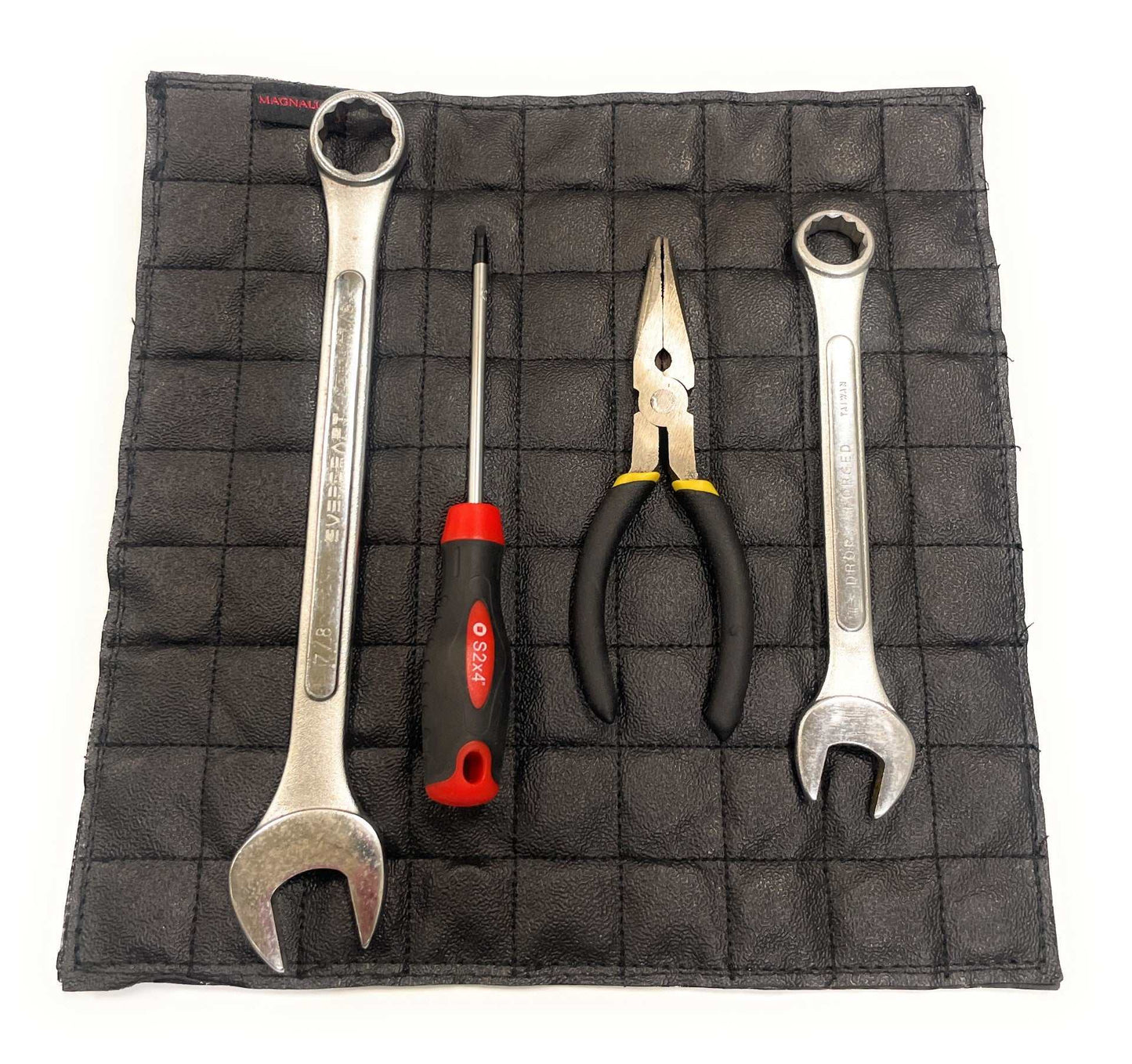 Magnalure Double-Sided Handy Man Tool Pad with tools displayed on magnetic surface.