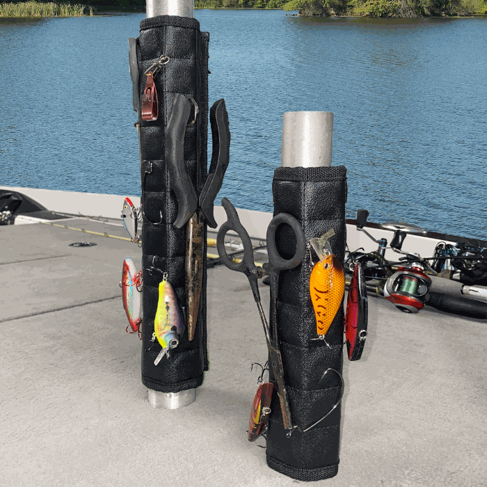 Magnalure Pedestal Wrap for butt and standard fishing seats holding various fishing accessories on boat.